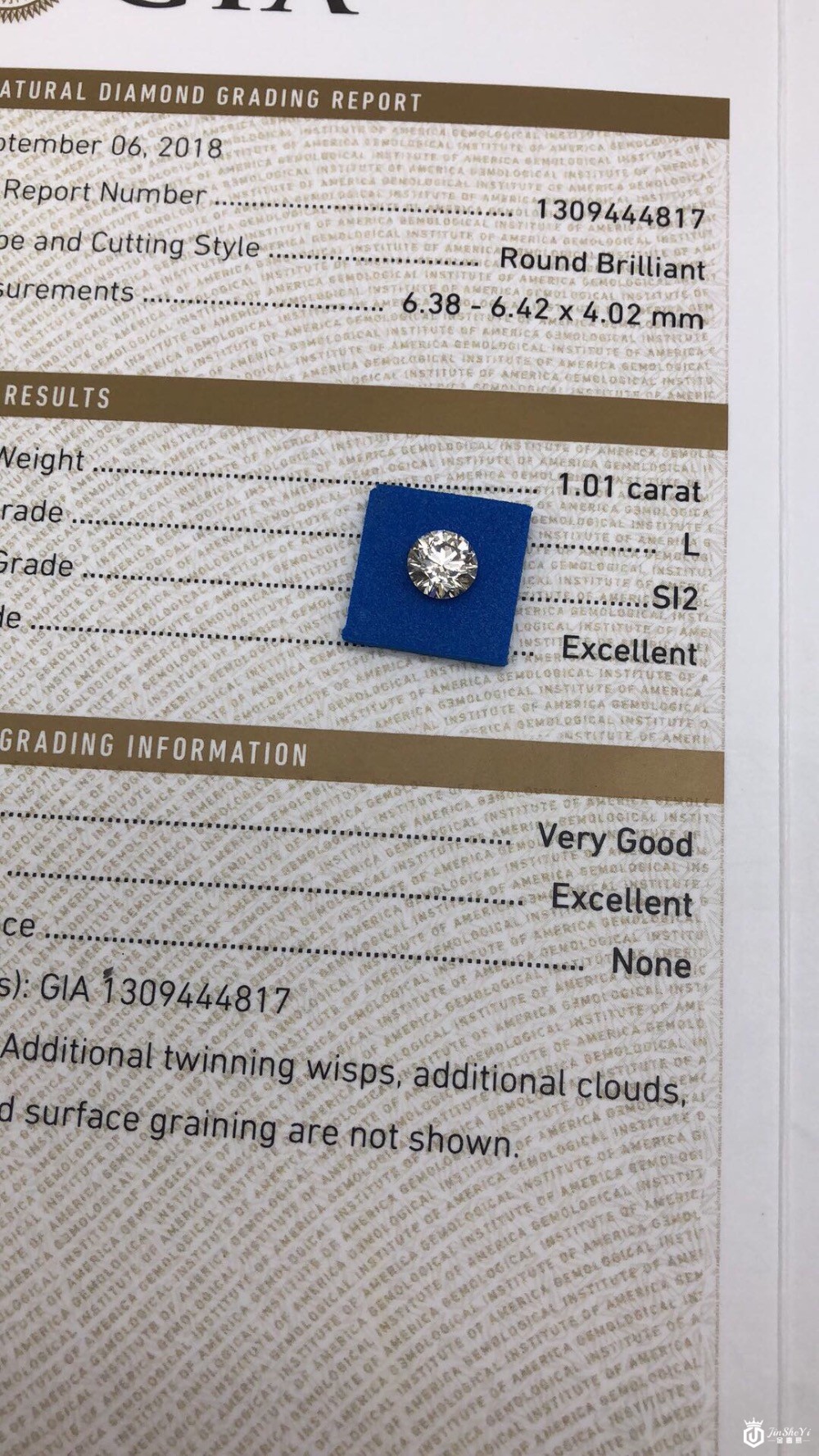 亿锦珠宝1.01克拉L色SI2 EX VG EX N图2