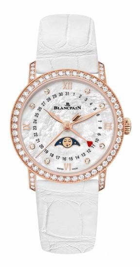 宝珀Blancpain月亮美人日期指示情人节限量版腕表，搭配白色短吻鳄鱼皮表带