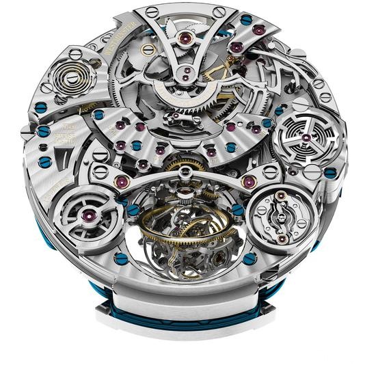 　　积家Master Grande Tradition Gyrotourbillon Westminster Perp&eacute;tuel超卓传统大师系列球型陀飞轮西敏寺钟乐万年历腕表（机芯背面）