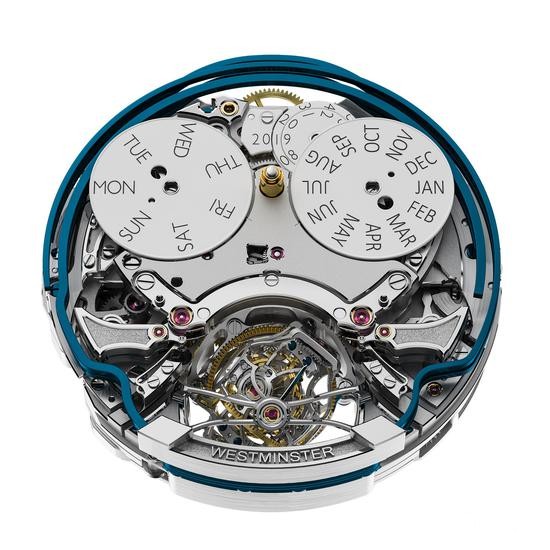 　　积家Master Grande Tradition Gyrotourbillon Westminster Perp&eacute;tuel超卓传统大师系列球型陀飞轮西敏寺钟乐万年历腕表（机芯正面）