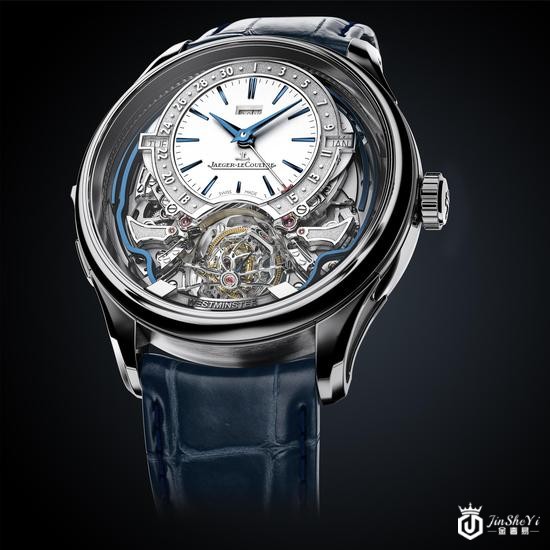 　　积家Master Grande Tradition Gyrotourbillon Westminster Perp&eacute;tuel超卓传统大师系列球型陀飞轮西敏寺钟乐万年历腕表（银色粒纹镂空表盘）