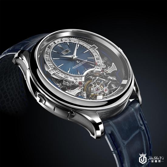 　　积家Master Grande Tradition Gyrotourbillon Westminster Perp&eacute;tuel超卓传统大师系列球型陀飞轮西敏寺钟乐万年历腕表 深蓝色大明火珐琅镂空表盘