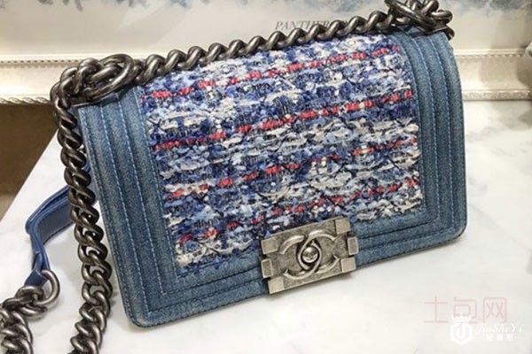 香奈儿Leboy牛仔帆布蓝色银扣单肩包实拍