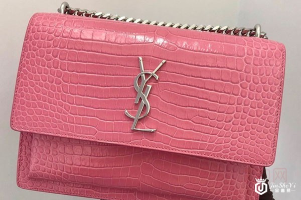 圣罗兰压鳄鱼纹粉色sunset包包实拍