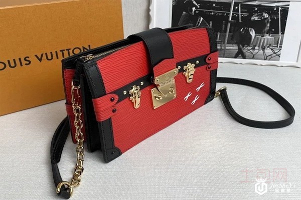 二手99新路易威登红色拼黑皮手袋侧面实拍图