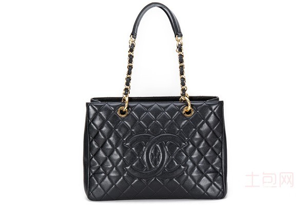 香奈儿GST大号荔枝纹牛皮黑金托特包正面