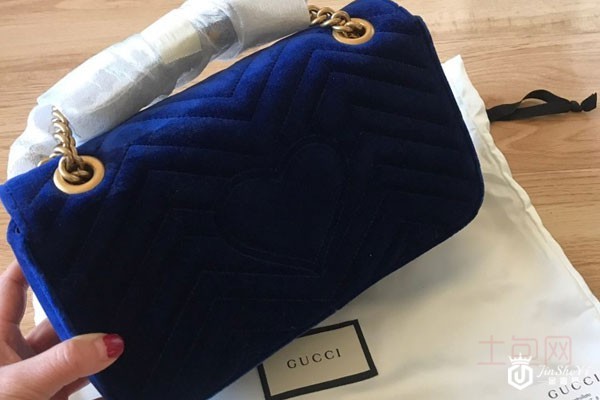 全新中号古驰蓝丝绒marmont链条包背面