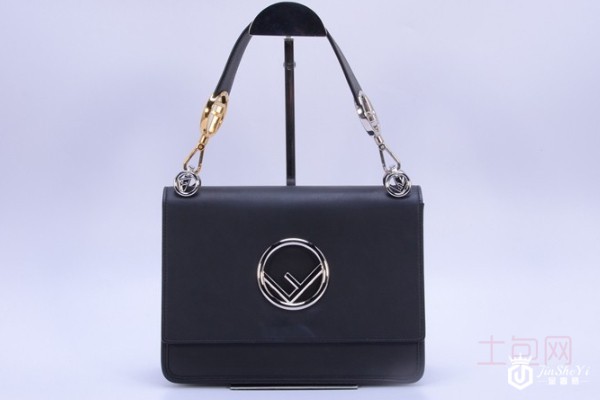 芬迪KAN I系列黑色牛皮金银两色金属扣单肩包