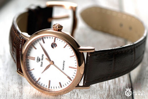 天王玫瑰金棕色皮带手表实拍