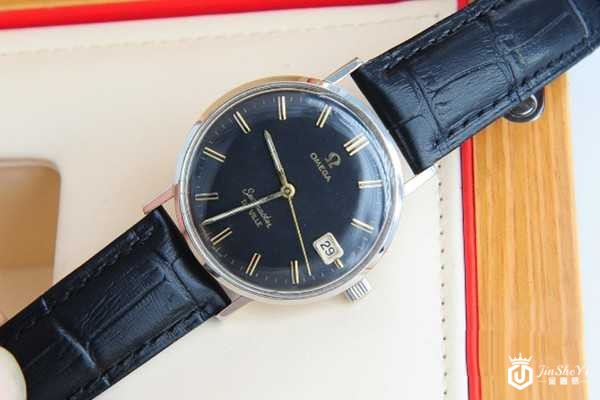 二手欧米黑盘金属真皮手动机械男表