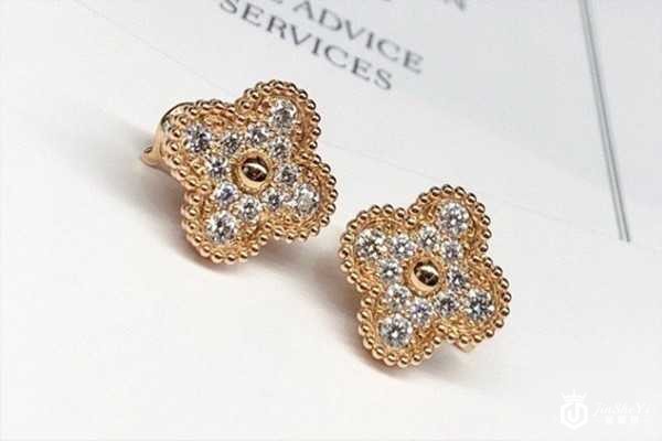 二手梵克雅宝VCA玫瑰金满钻四叶草耳钉