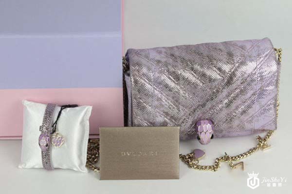 宝格丽七夕情人节限定梦幻紫色水蛇皮斜挎包全套附件