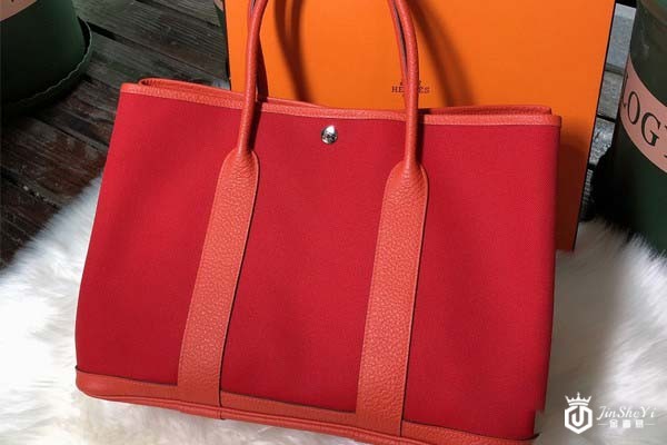 二手爱马仕红色帆布皮革包展示