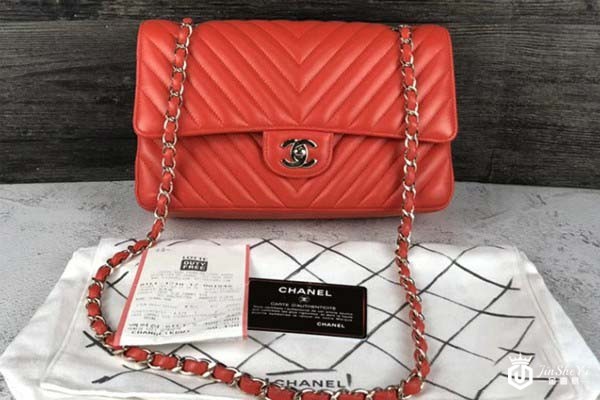 二手98新奢侈品香奈儿Chanel cf中号橘色斜纹金链条包 二手98新奢侈品香奈儿Chanel cf中号橘色斜纹金链条包