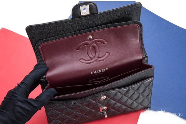 香奈儿CF中号银荔枝皮女士单肩包斜挎链条包内里展示图