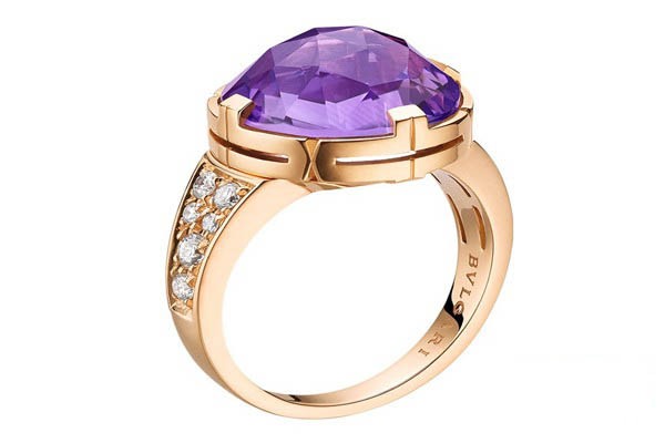 宝格丽18k玫瑰金镶紫晶钻石戒指正面展示图