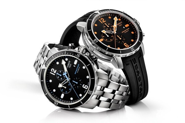 海星系列自动计时腕表:左下方不锈钢链带款，建议售价NTD$36,800。右上方橡胶表带款，建议售价NTD$36,800。