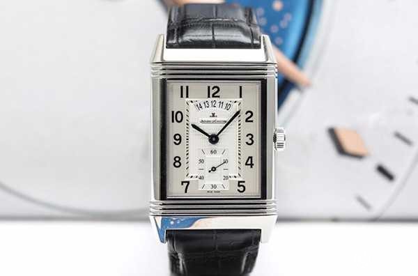 二手积家3848420 翻转腕表系列银黑色表盘双时区手动机械手表图