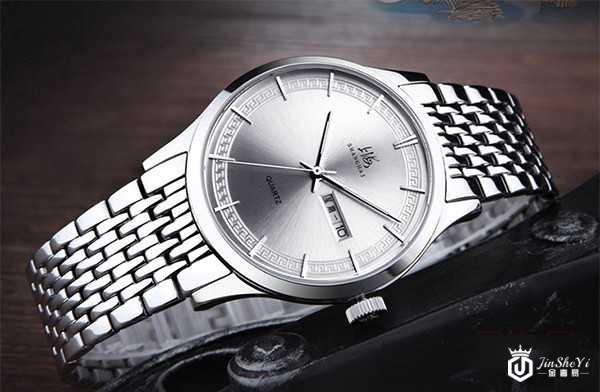 二手老上海手表跃时系列时尚潮流双历石英钢带男表图